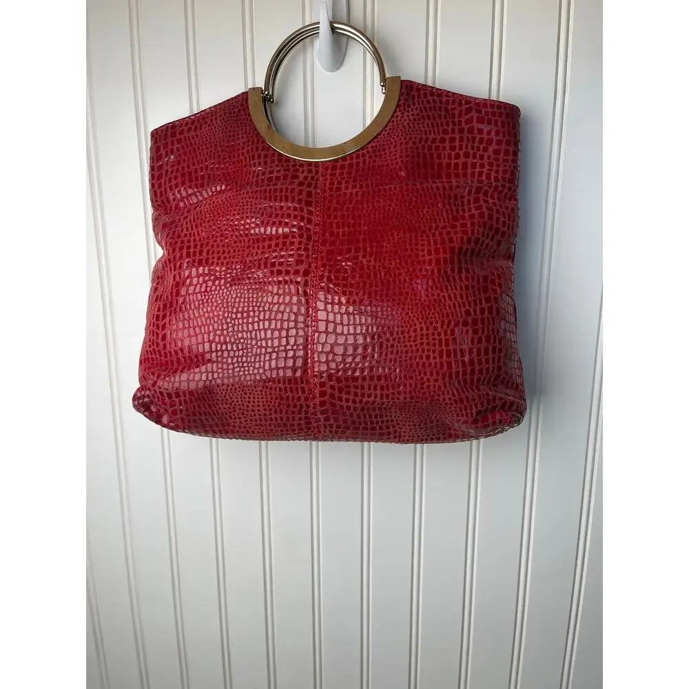 Purse Handbag Red Snakeskin Pattern Handbag Gold Metal Top Handle Unbranded